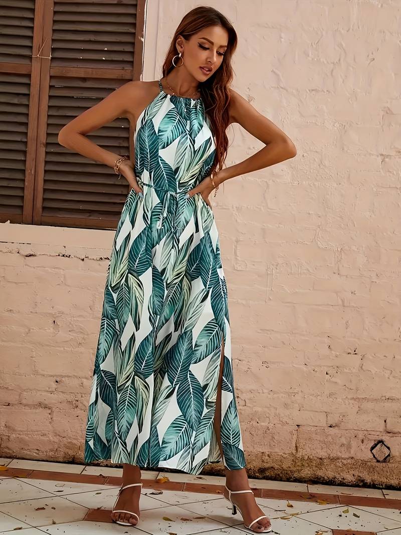 Evelyn – Leaf Pattern Halter Neck Beach Dress