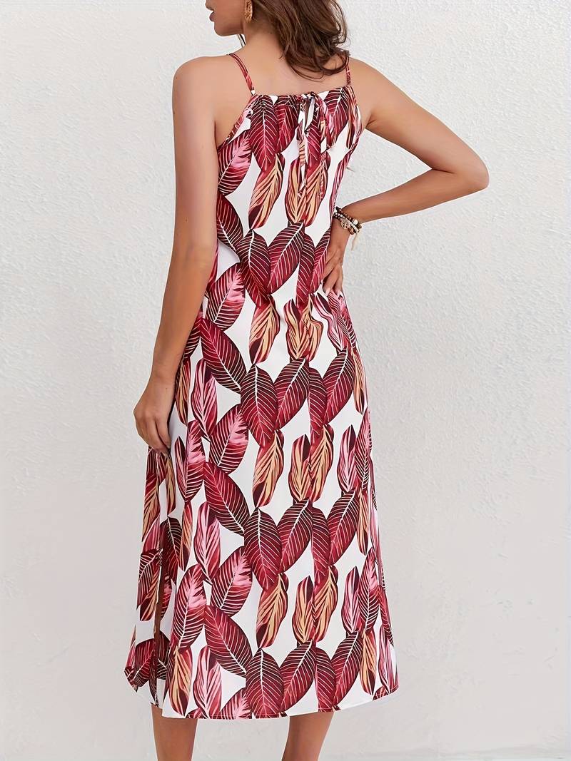 Evelyn – Leaf Pattern Halter Neck Beach Dress