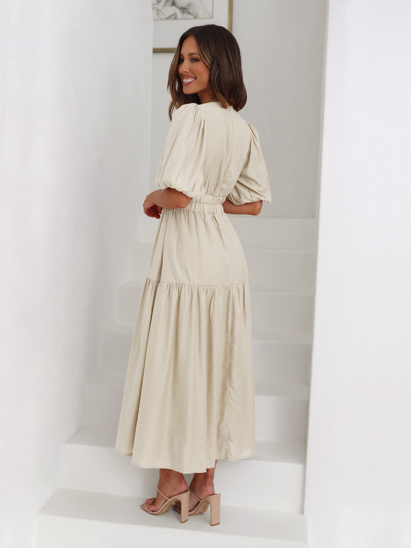 Emilia - V-Neck Dress with Puff Sleeves