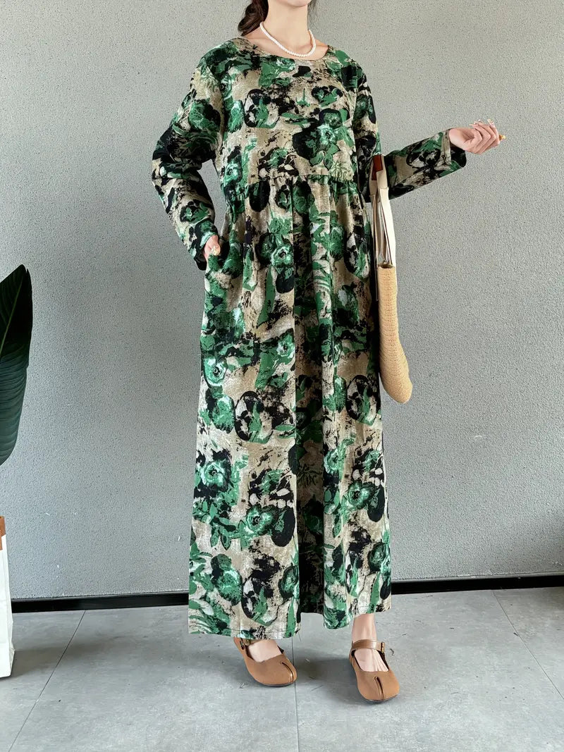 Vintage-Inspired Floral Linen Maxi Dress with Pockets