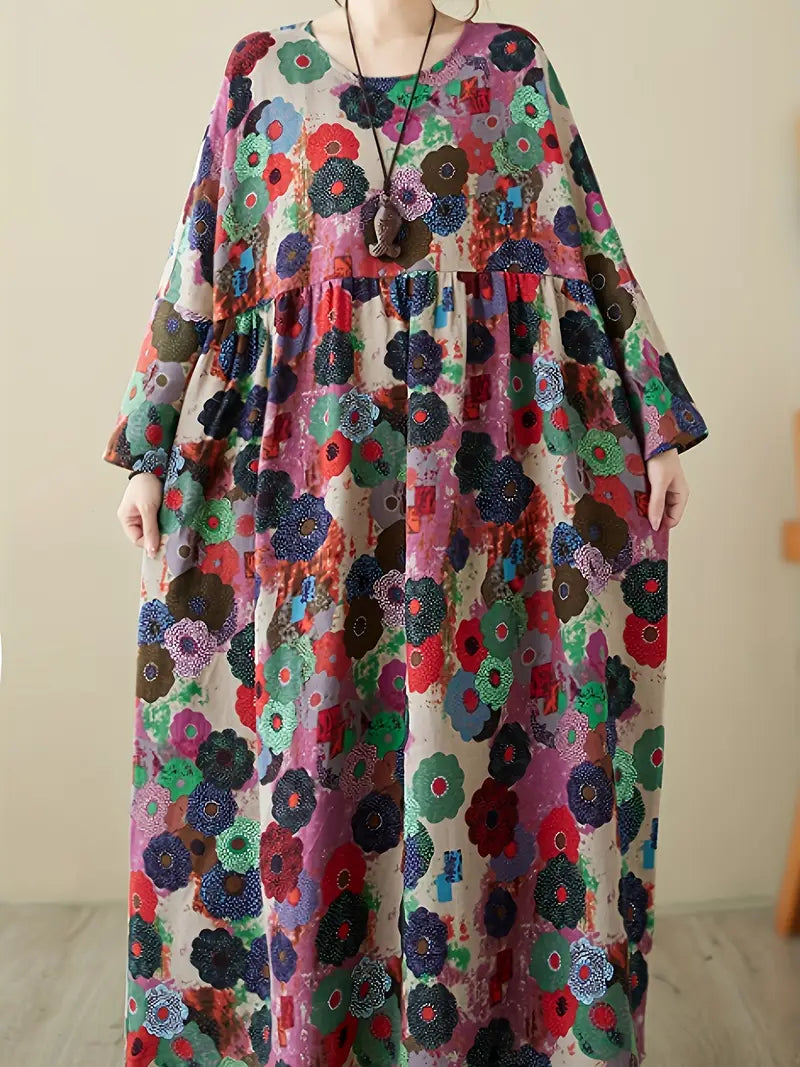 Boho Chic Floral Print Linen Maxi Dress