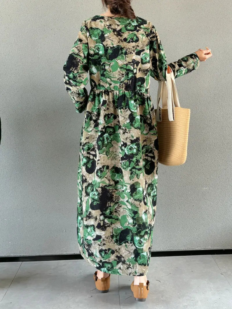 Vintage-Inspired Floral Linen Maxi Dress with Pockets