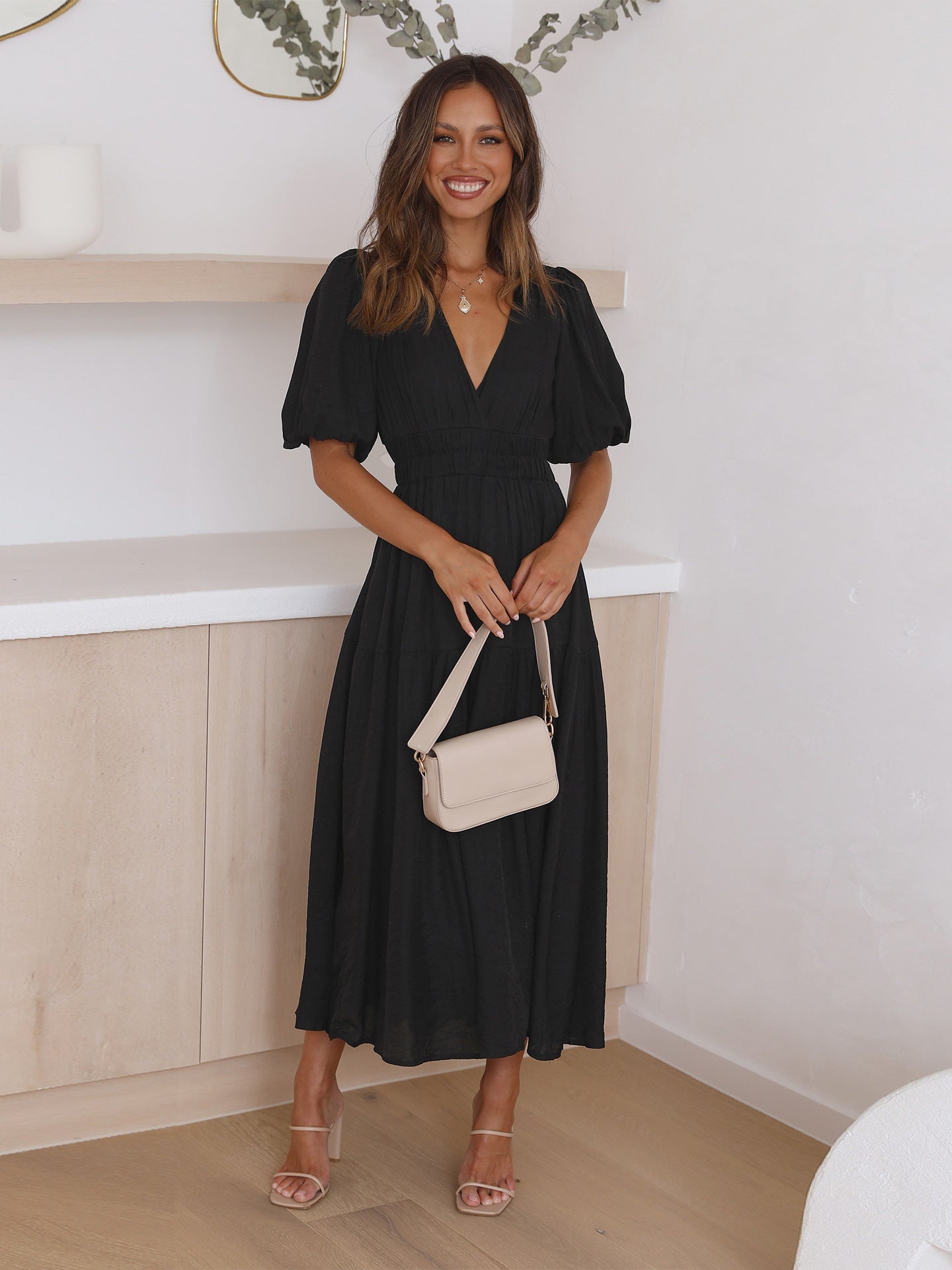 Emilia - V-Neck Dress with Puff Sleeves