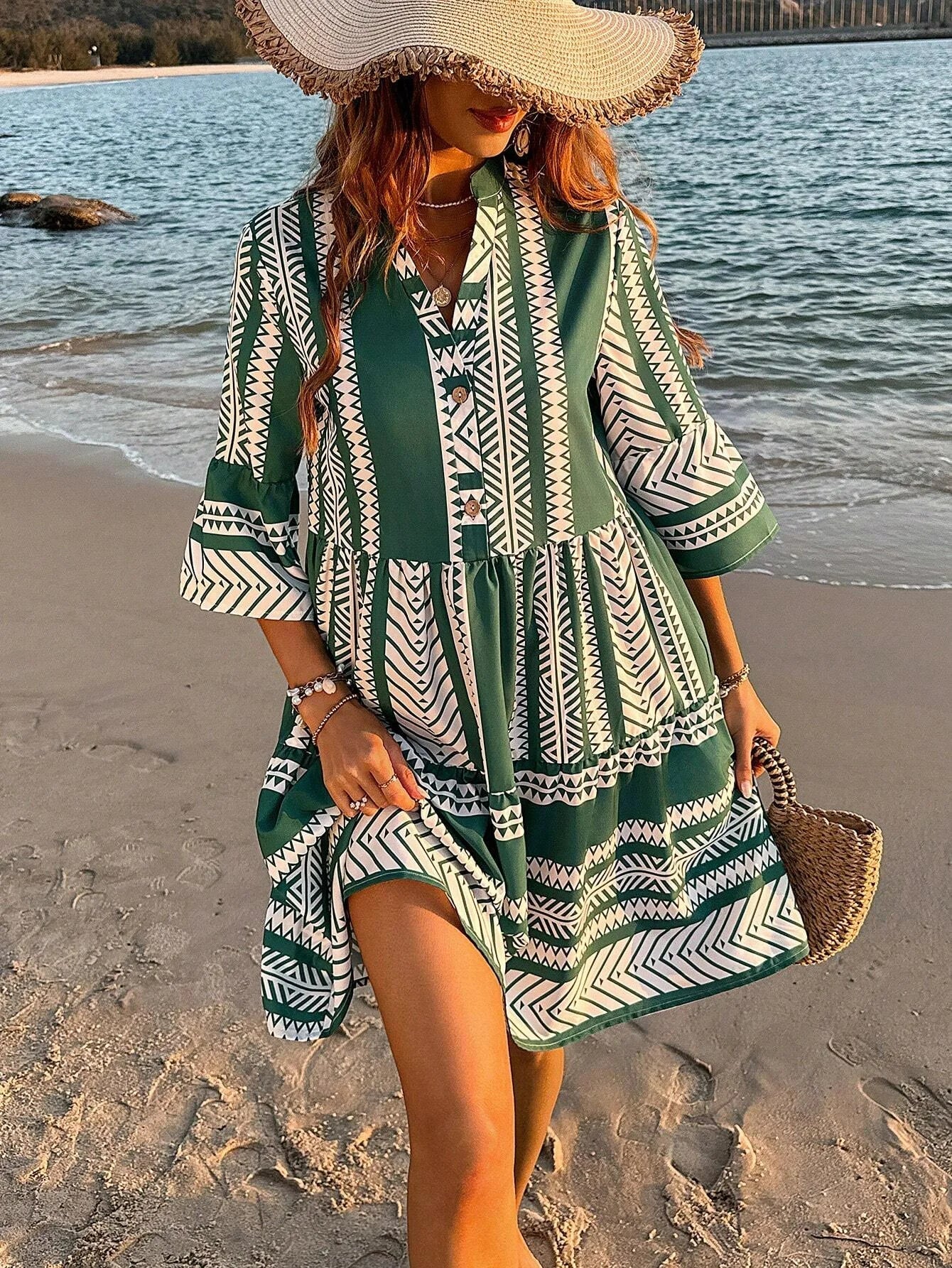 Sophia – Lightweight V-Neck Mini Dress with 3/4 Sleeves