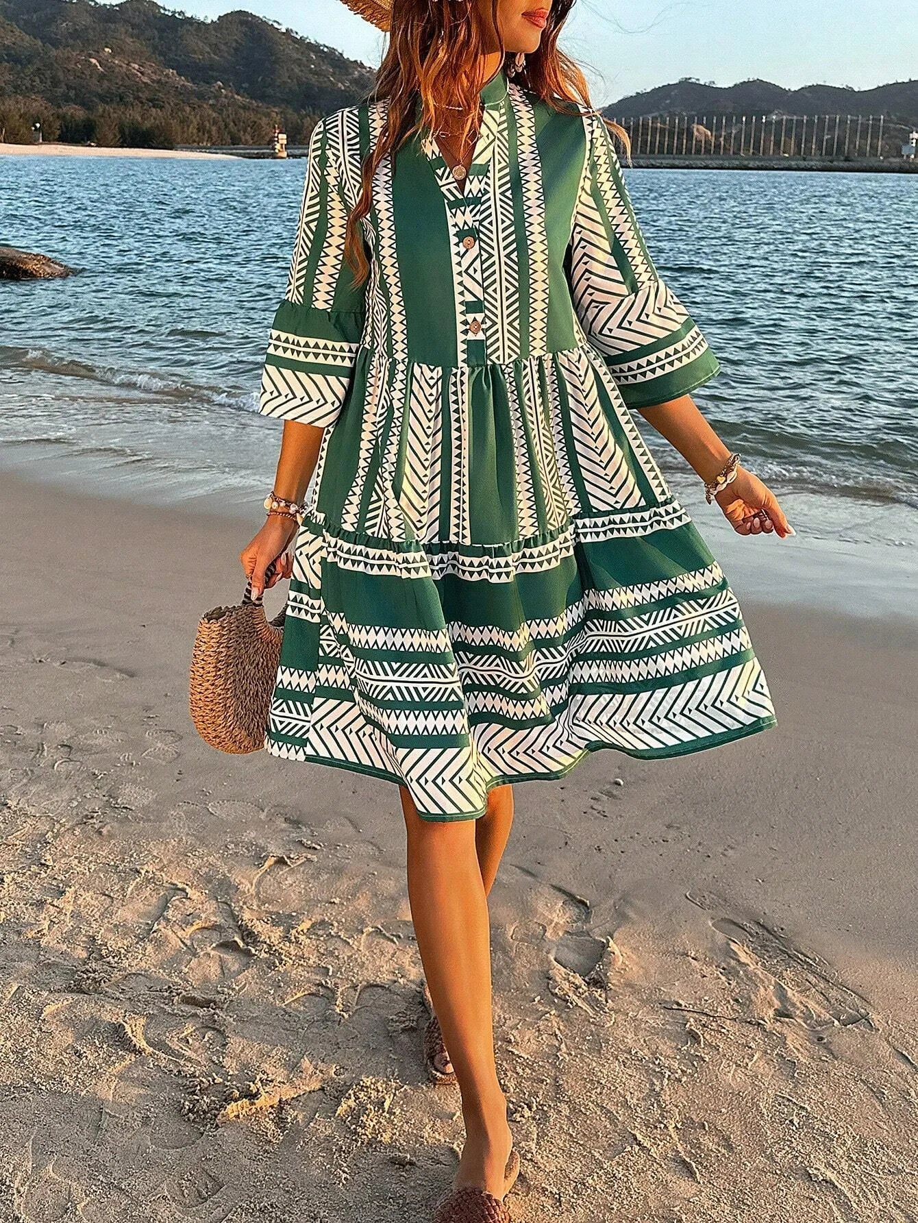 Sophia – Lightweight V-Neck Mini Dress with 3/4 Sleeves