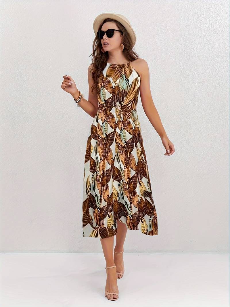 Evelyn – Leaf Pattern Halter Neck Beach Dress