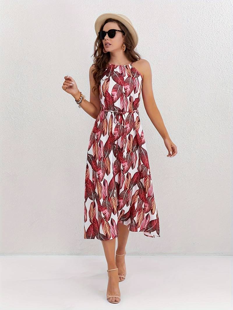 Evelyn – Leaf Pattern Halter Neck Beach Dress