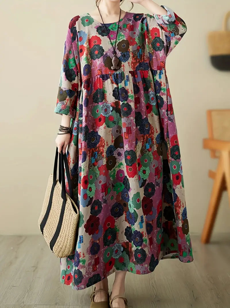 Boho Chic Floral Print Linen Maxi Dress