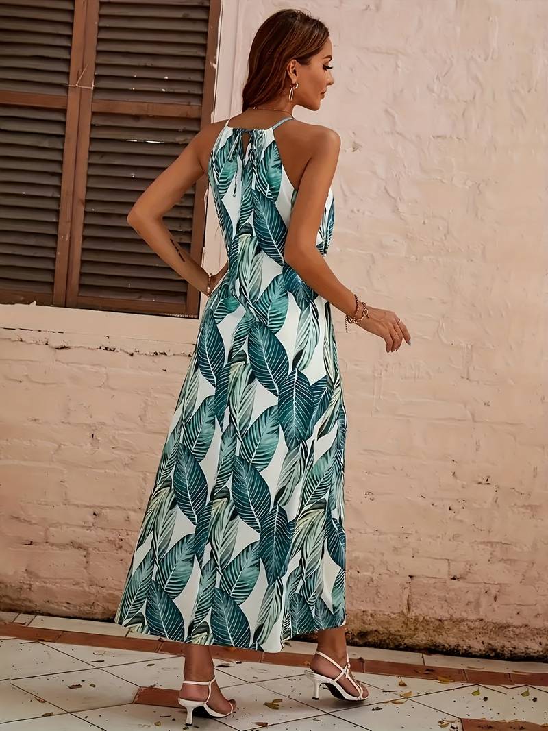 Evelyn – Leaf Pattern Halter Neck Beach Dress