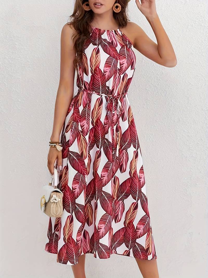 Evelyn – Leaf Pattern Halter Neck Beach Dress
