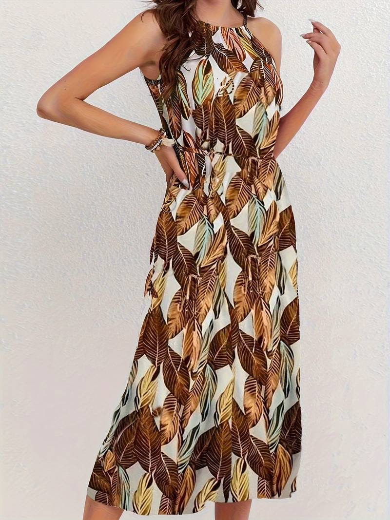 Evelyn – Leaf Pattern Halter Neck Beach Dress
