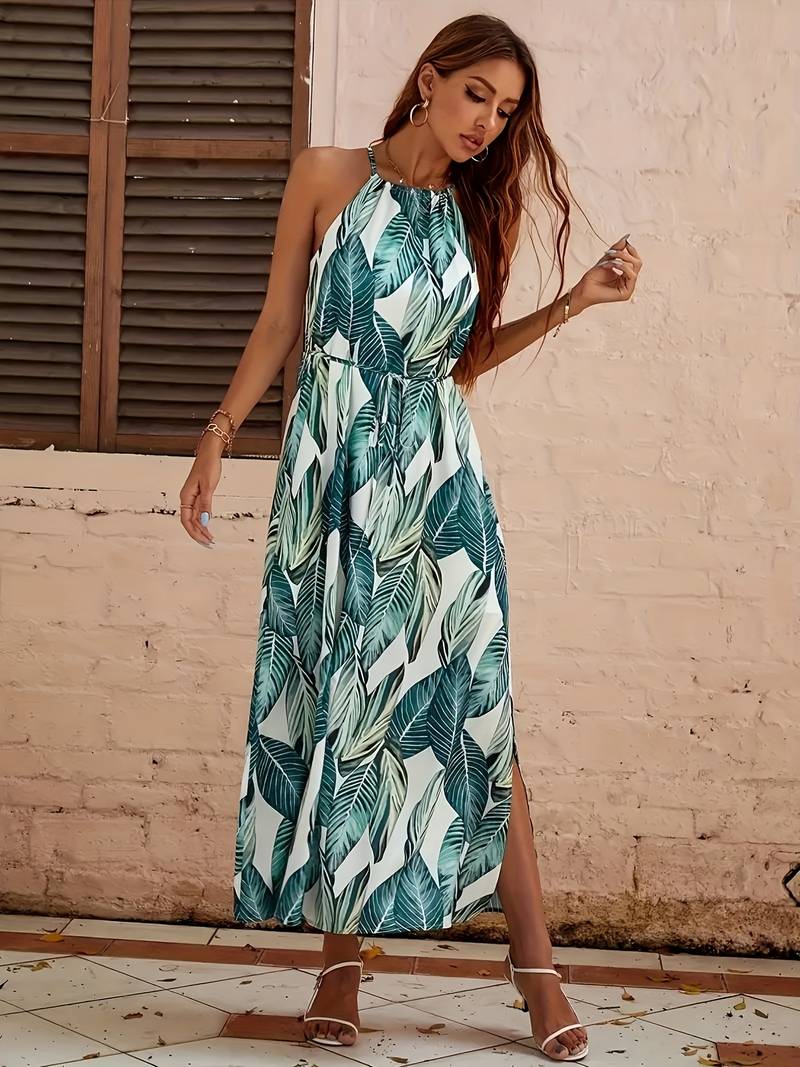 Evelyn – Leaf Pattern Halter Neck Beach Dress