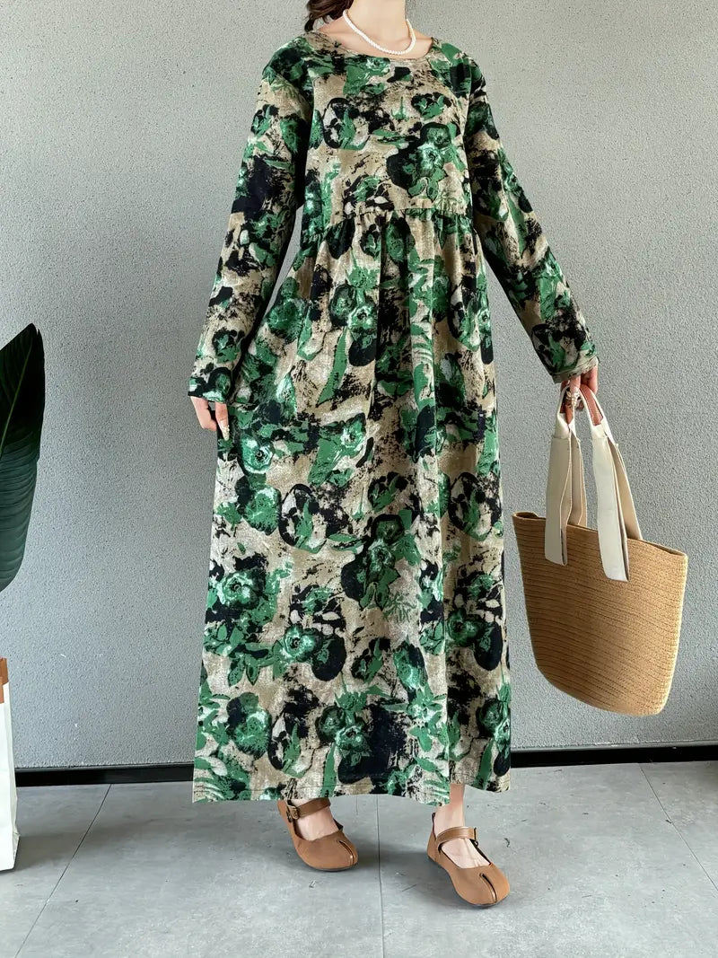 Vintage-Inspired Floral Linen Maxi Dress with Pockets
