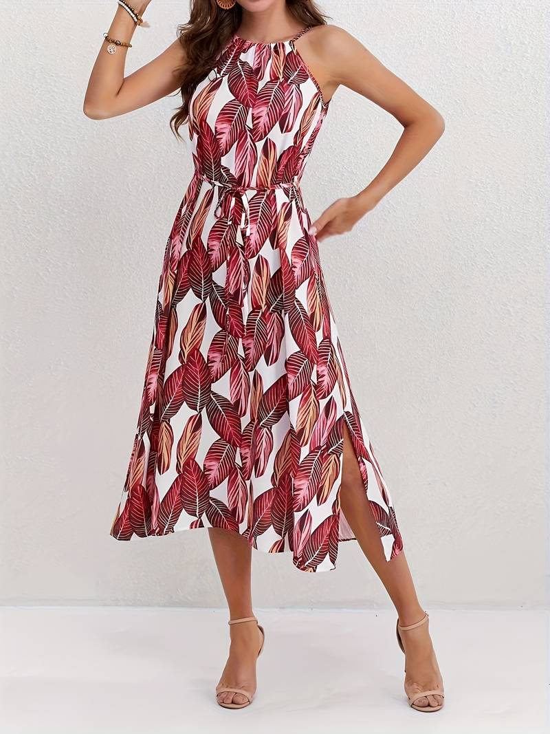 Evelyn – Leaf Pattern Halter Neck Beach Dress
