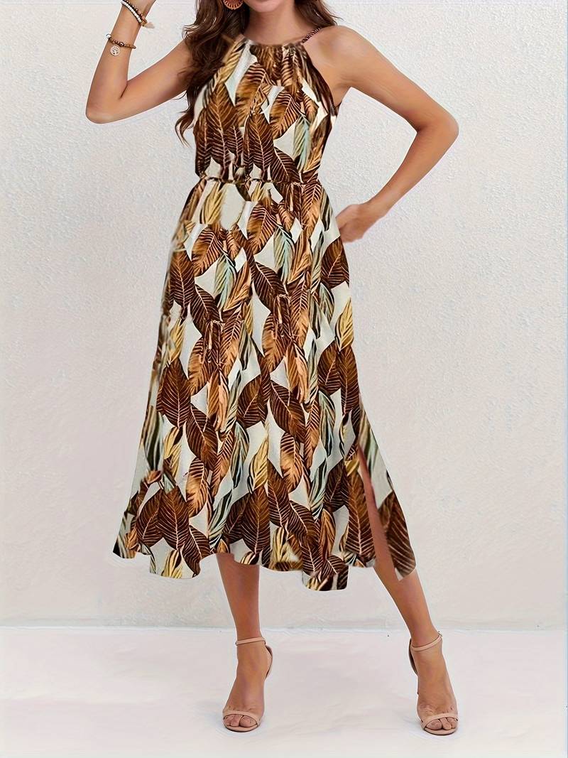 Evelyn – Leaf Pattern Halter Neck Beach Dress