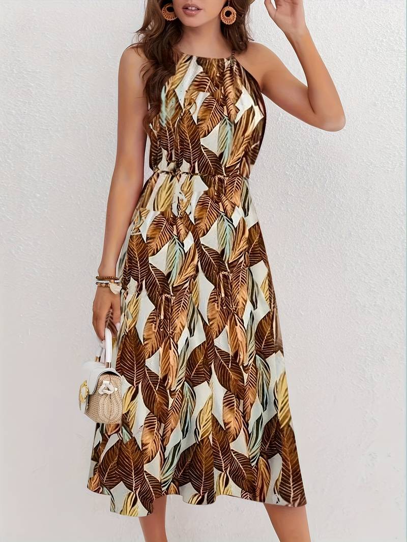 Evelyn – Leaf Pattern Halter Neck Beach Dress