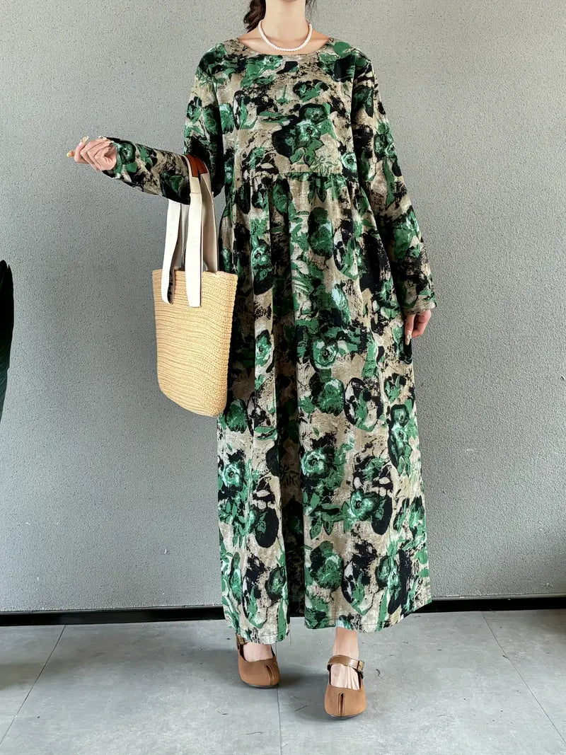 Vintage-Inspired Floral Linen Maxi Dress with Pockets