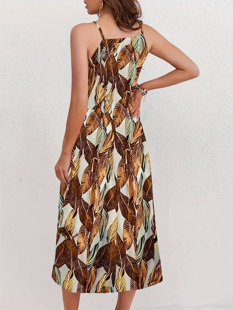 Evelyn – Leaf Pattern Halter Neck Beach Dress