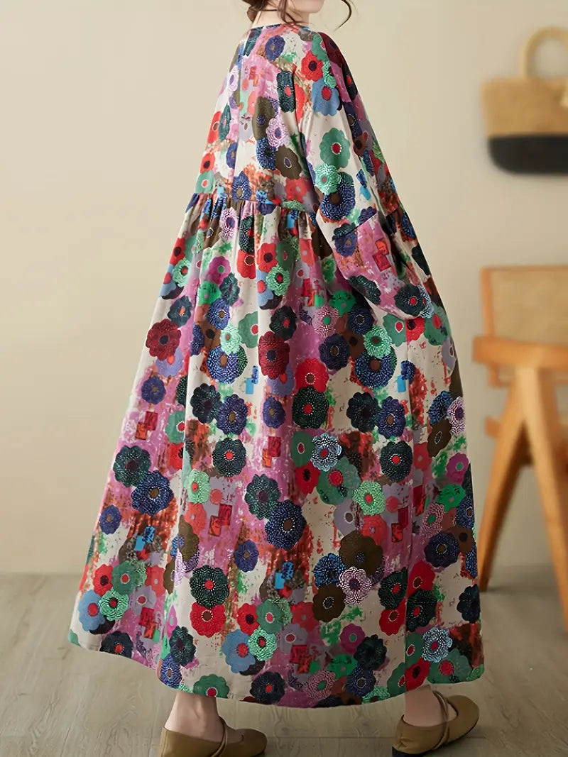 Boho Chic Floral Print Linen Maxi Dress