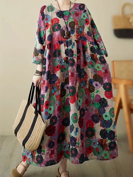 Boho Chic Floral Print Linen Maxi Dress