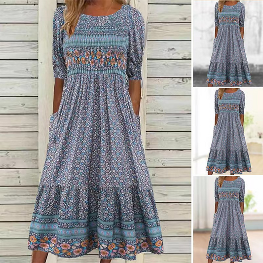 Abigail – Chic Midi Dress with Round Neckline for a Youthful Look