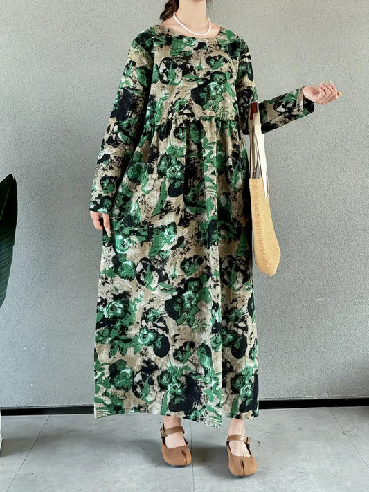 Vintage-Inspired Floral Linen Maxi Dress with Pockets