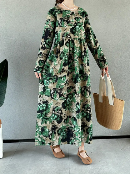 Vintage-Inspired Floral Linen Maxi Dress with Pockets
